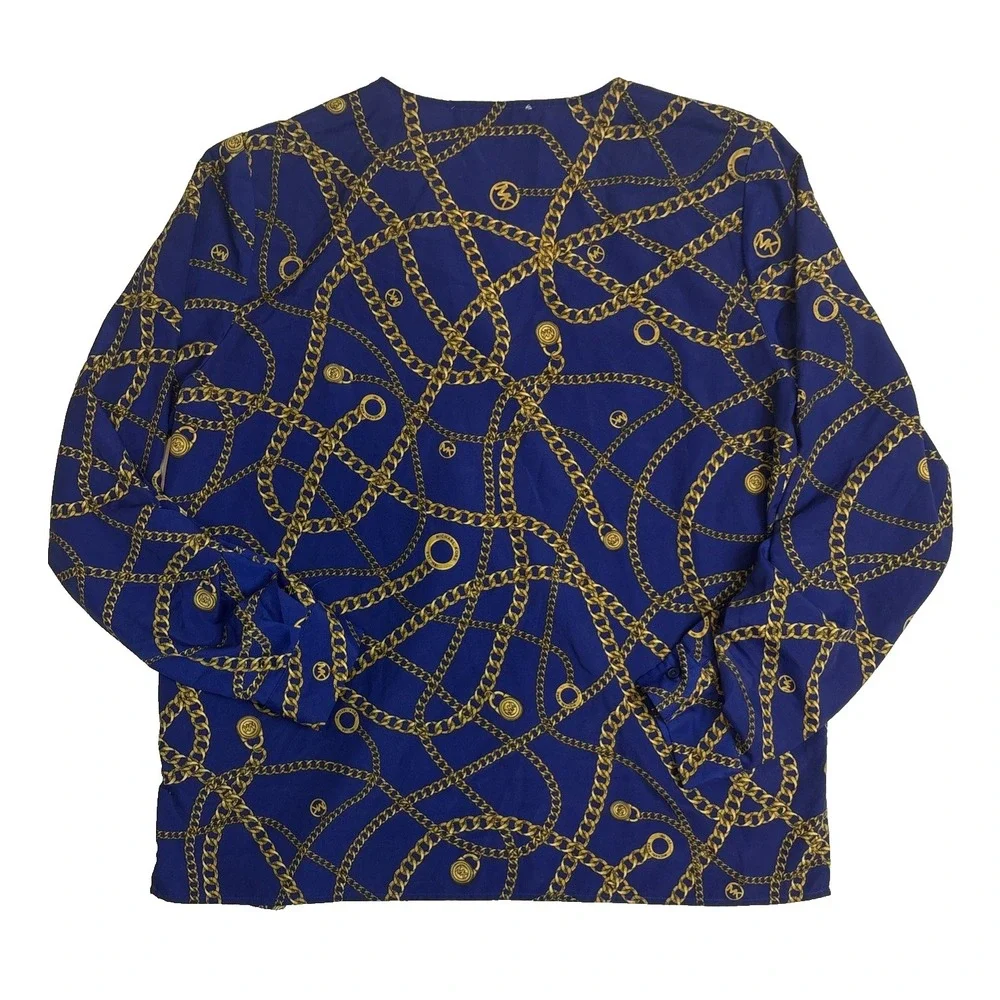 Michael Kors Chain Print Blue Long Sleeve Quarter Zip V-neck Womens Size 12‎